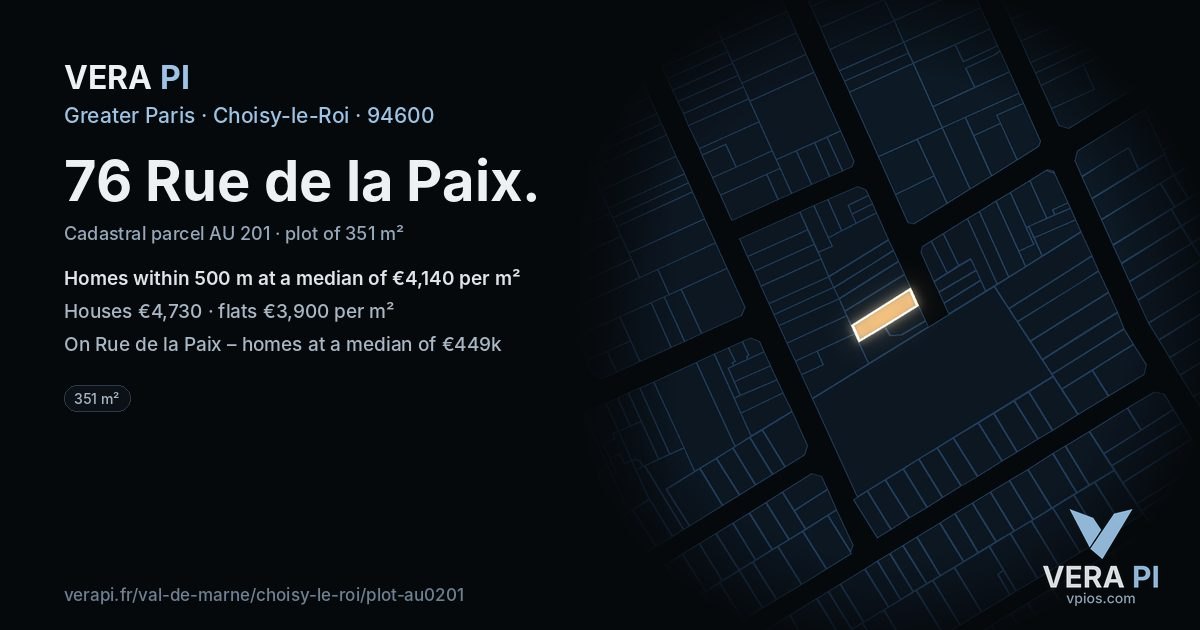 76 Rue de la Paix, Choisy-le-Roi at night – the plot lit, the parcels around coloured by the prices near them