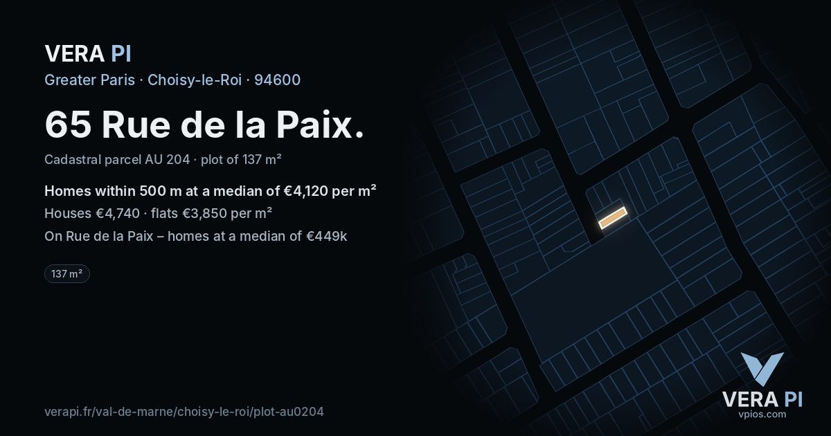 65 Rue de la Paix, Choisy-le-Roi at night – the plot lit, the parcels around coloured by the prices near them
