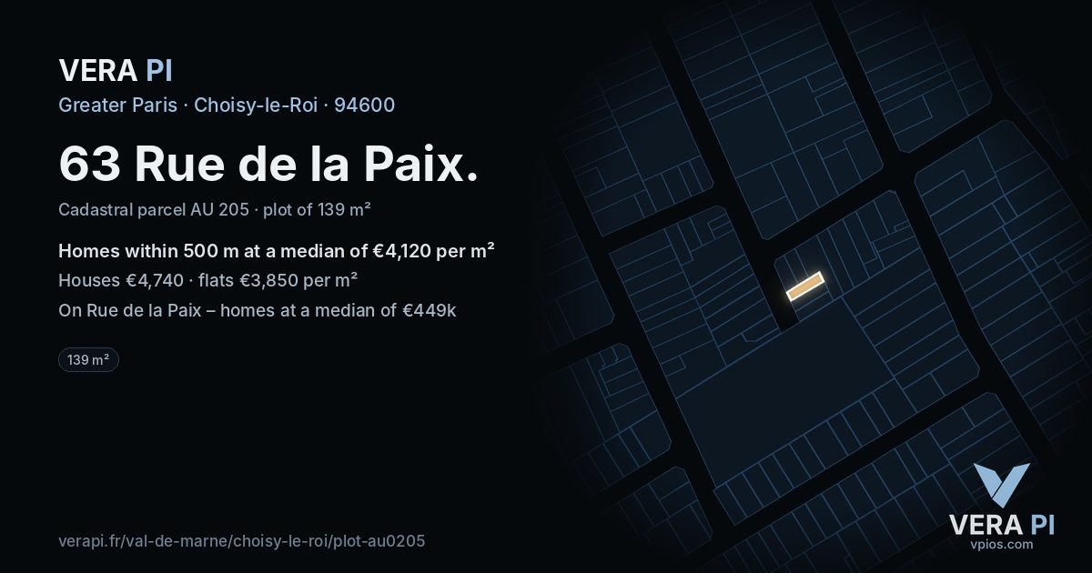 63 Rue de la Paix, Choisy-le-Roi at night – the plot lit, the parcels around coloured by the prices near them