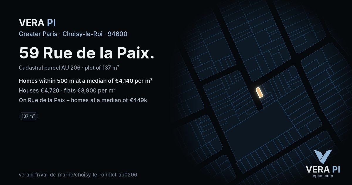 59 Rue de la Paix, Choisy-le-Roi at night – the plot lit, the parcels around coloured by the prices near them