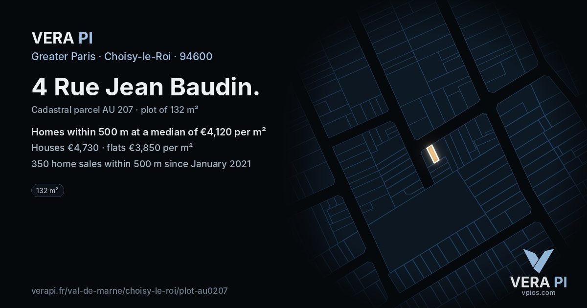 4 Rue Jean Baudin, Choisy-le-Roi at night – the plot lit, the parcels around coloured by the prices near them
