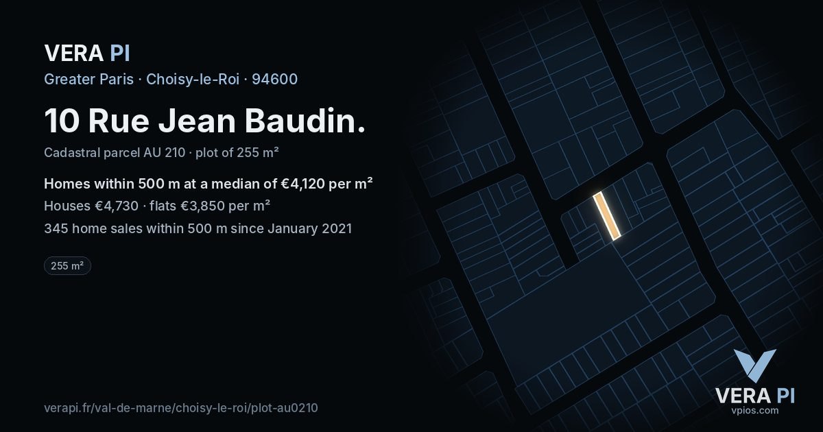 10 Rue Jean Baudin, Choisy-le-Roi at night – the plot lit, the parcels around coloured by the prices near them