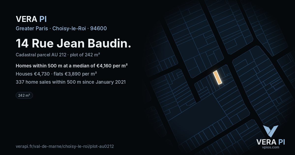 14 Rue Jean Baudin, Choisy-le-Roi at night – the plot lit, the parcels around coloured by the prices near them