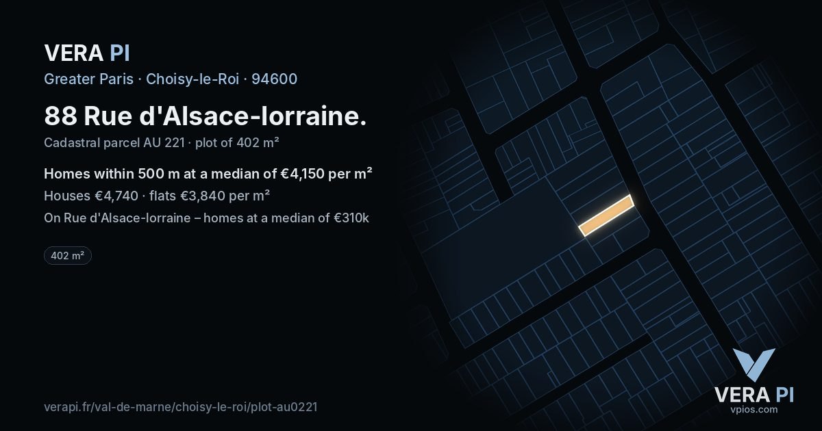 88 Rue d'Alsace-lorraine, Choisy-le-Roi at night – the plot lit, the parcels around coloured by the prices near them