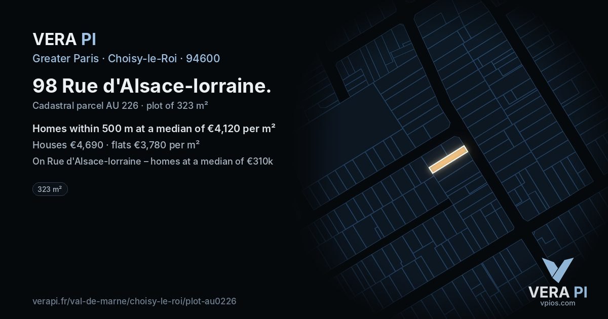 98 Rue d'Alsace-lorraine, Choisy-le-Roi at night – the plot lit, the parcels around coloured by the prices near them