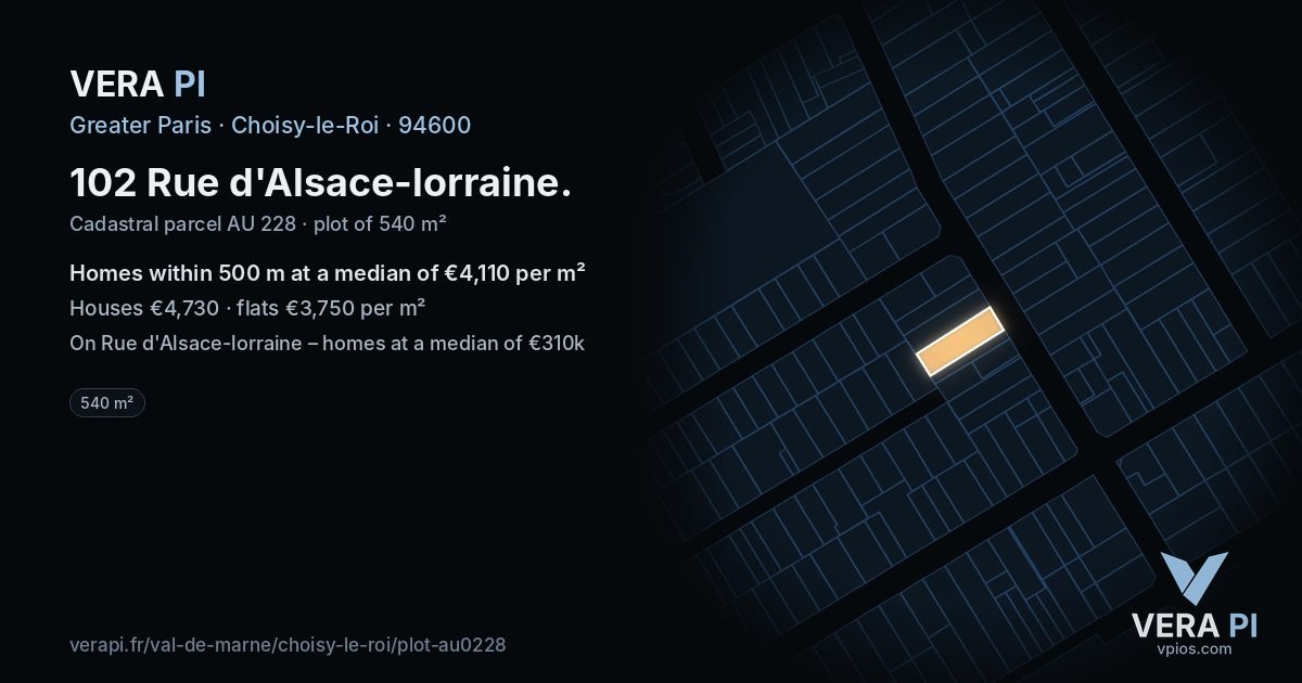 102 Rue d'Alsace-lorraine, Choisy-le-Roi at night – the plot lit, the parcels around coloured by the prices near them