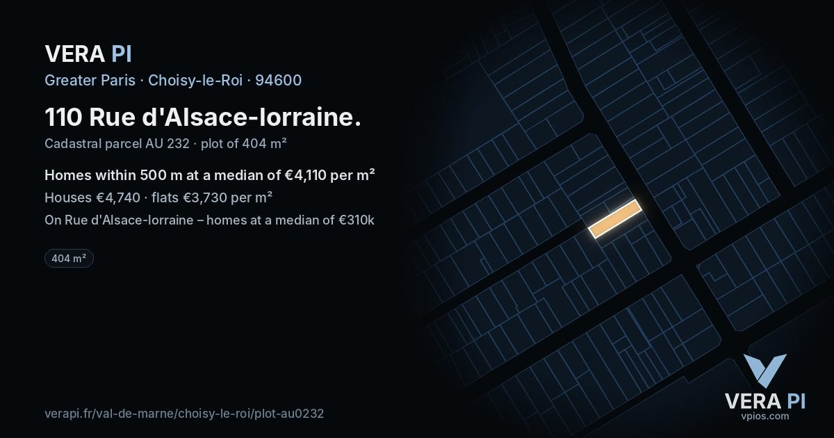 110 Rue d'Alsace-lorraine, Choisy-le-Roi at night – the plot lit, the parcels around coloured by the prices near them