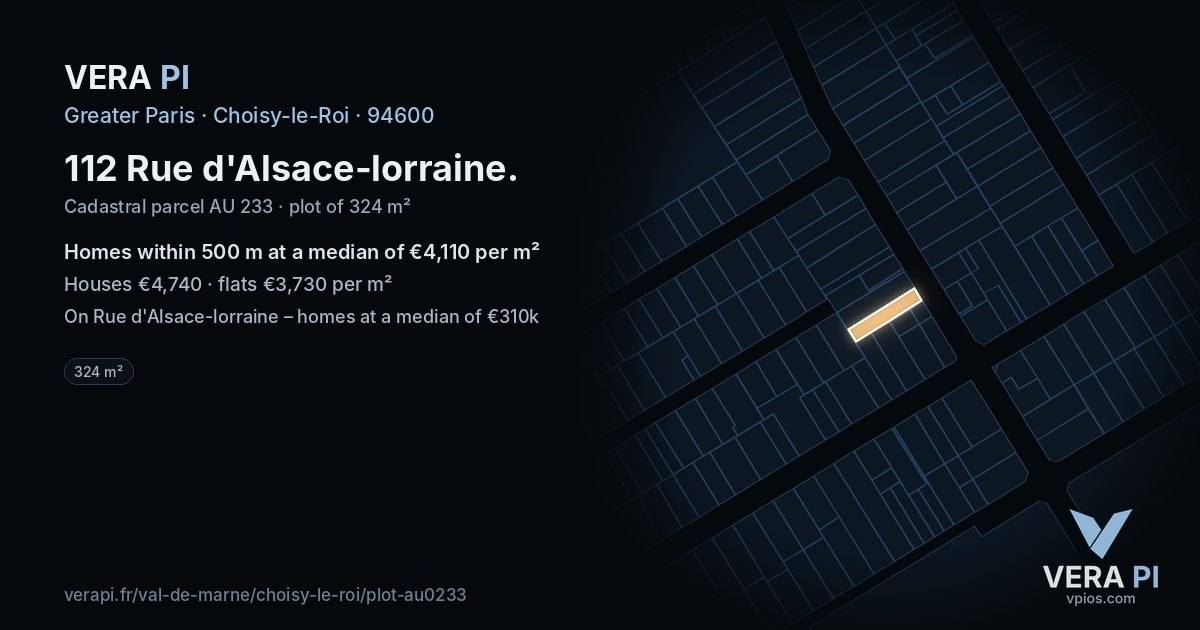 112 Rue d'Alsace-lorraine, Choisy-le-Roi at night – the plot lit, the parcels around coloured by the prices near them