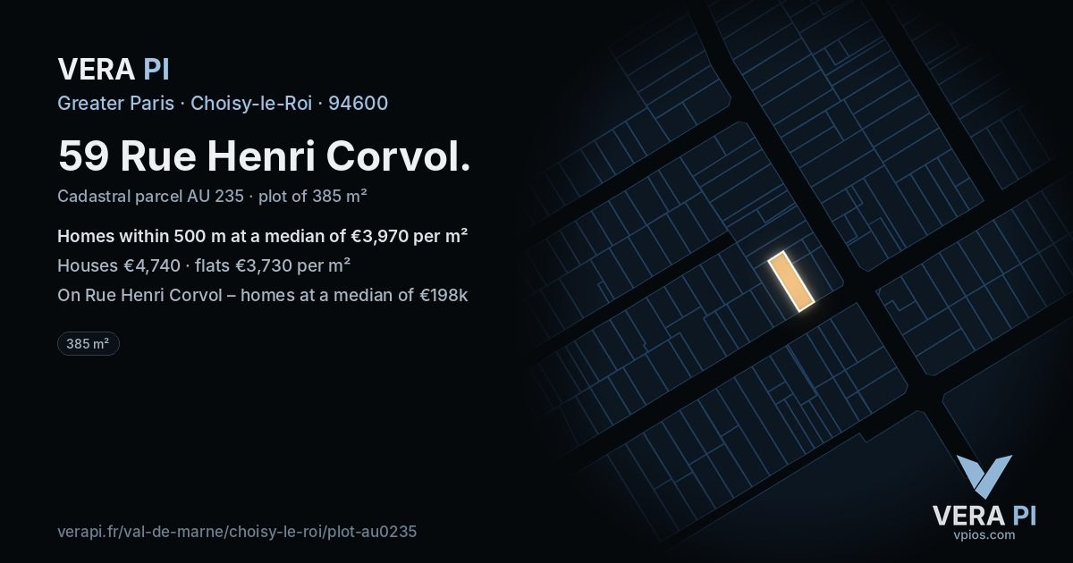 59 Rue Henri Corvol, Choisy-le-Roi at night – the plot lit, the parcels around coloured by the prices near them