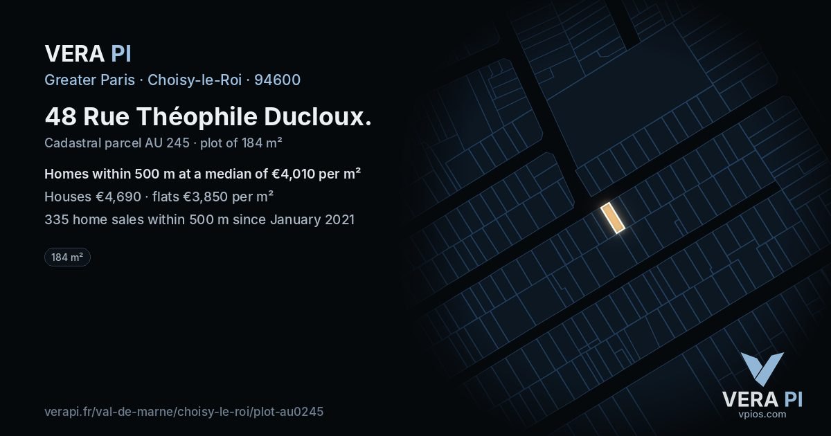 48 Rue Théophile Ducloux, Choisy-le-Roi at night – the plot lit, the parcels around coloured by the prices near them