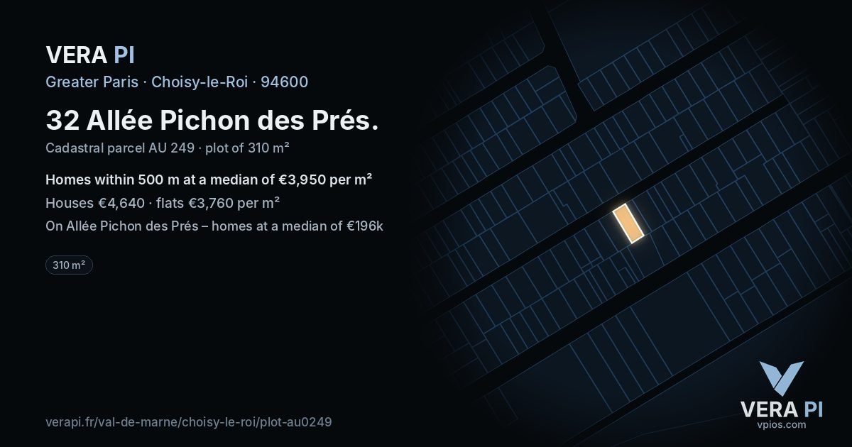 32 Allée Pichon des Prés, Choisy-le-Roi at night – the plot lit, the parcels around coloured by the prices near them