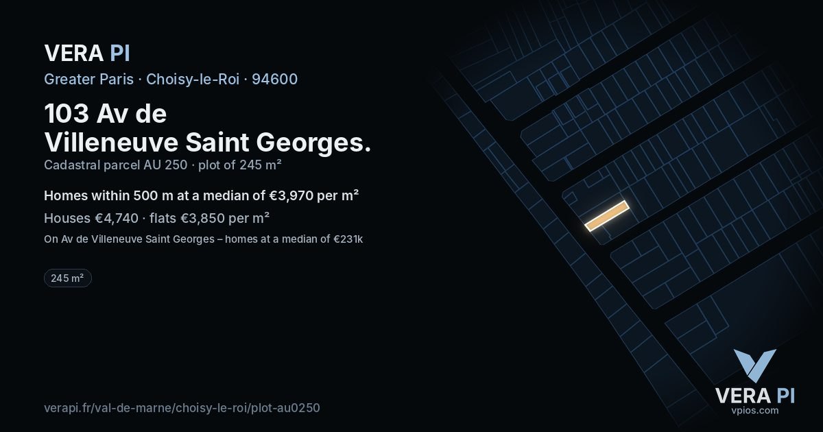 103 Av de Villeneuve Saint Georges, Choisy-le-Roi at night – the plot lit, the parcels around coloured by the prices near them