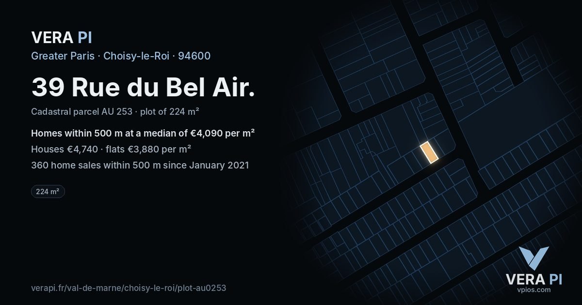 39 Rue du Bel Air, Choisy-le-Roi at night – the plot lit, the parcels around coloured by the prices near them