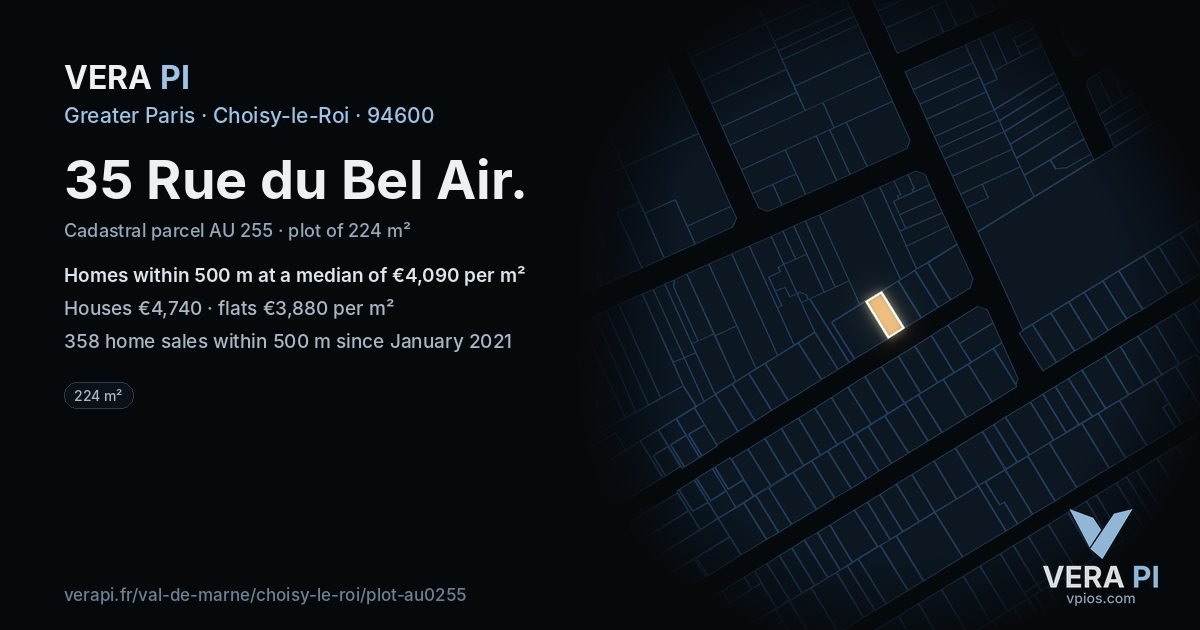 35 Rue du Bel Air, Choisy-le-Roi at night – the plot lit, the parcels around coloured by the prices near them