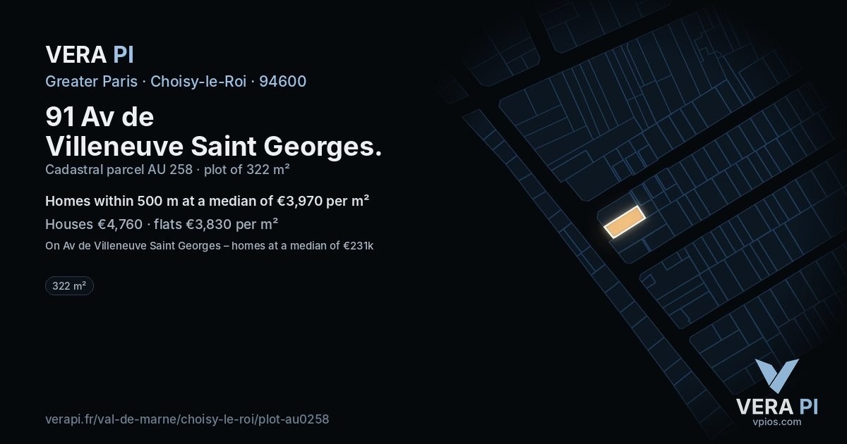 91 Av de Villeneuve Saint Georges, Choisy-le-Roi at night – the plot lit, the parcels around coloured by the prices near them