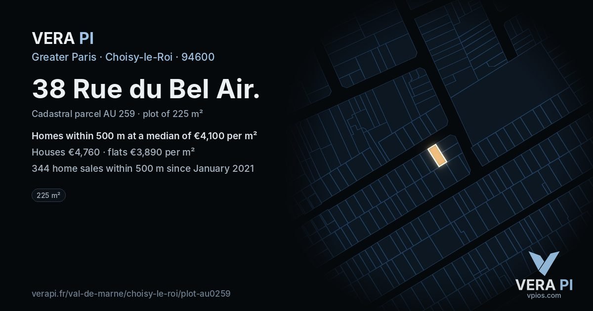 38 Rue du Bel Air, Choisy-le-Roi at night – the plot lit, the parcels around coloured by the prices near them