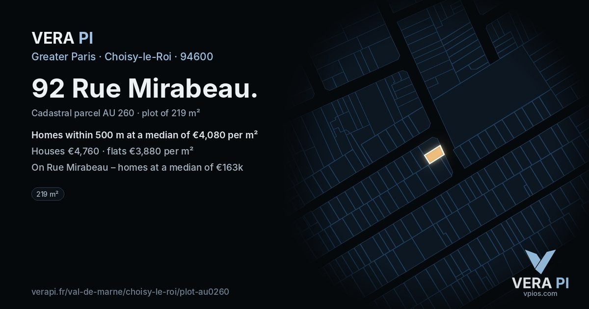 92 Rue Mirabeau, Choisy-le-Roi at night – the plot lit, the parcels around coloured by the prices near them