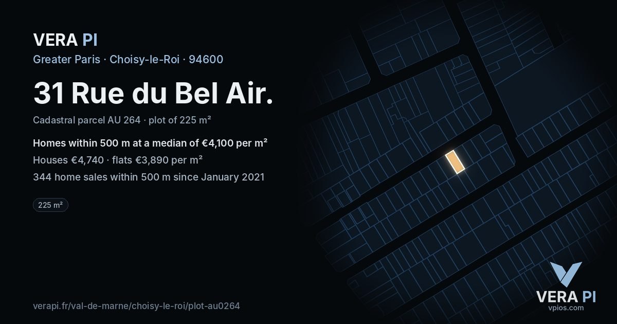 31 Rue du Bel Air, Choisy-le-Roi at night – the plot lit, the parcels around coloured by the prices near them