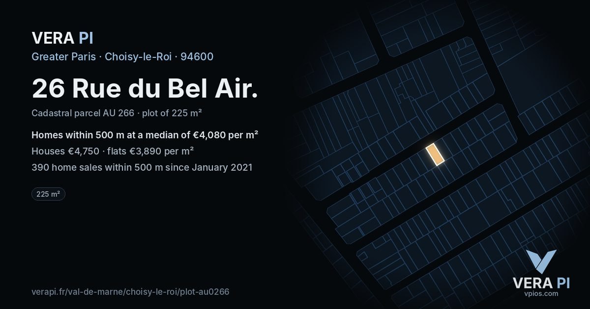 26 Rue du Bel Air, Choisy-le-Roi at night – the plot lit, the parcels around coloured by the prices near them
