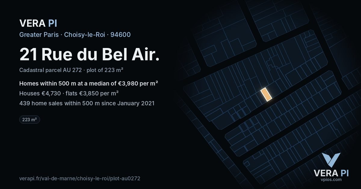 21 Rue du Bel Air, Choisy-le-Roi at night – the plot lit, the parcels around coloured by the prices near them