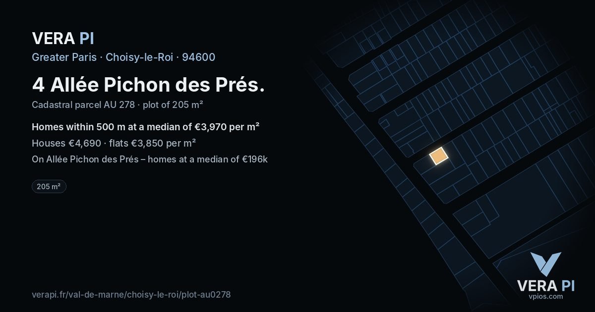 4 Allée Pichon des Prés, Choisy-le-Roi at night – the plot lit, the parcels around coloured by the prices near them