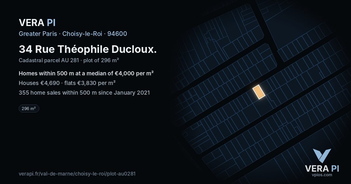 34 Rue Théophile Ducloux, Choisy-le-Roi at night – the plot lit, the parcels around coloured by the prices near them