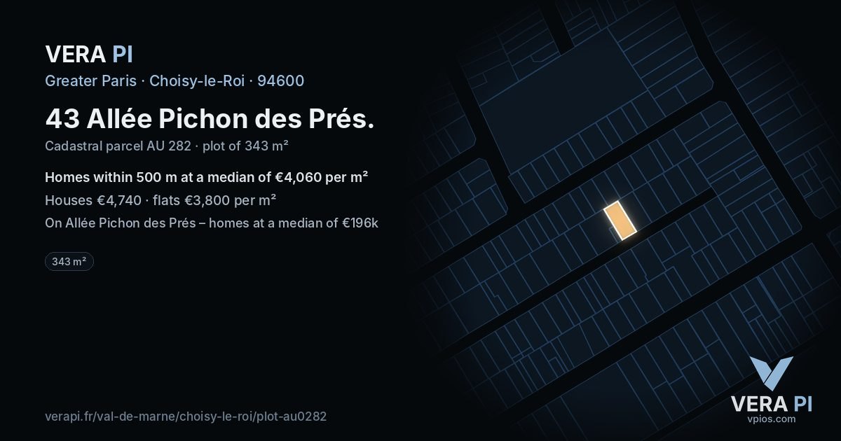 43 Allée Pichon des Prés, Choisy-le-Roi at night – the plot lit, the parcels around coloured by the prices near them