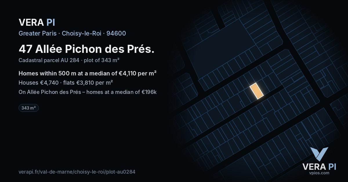 47 Allée Pichon des Prés, Choisy-le-Roi at night – the plot lit, the parcels around coloured by the prices near them