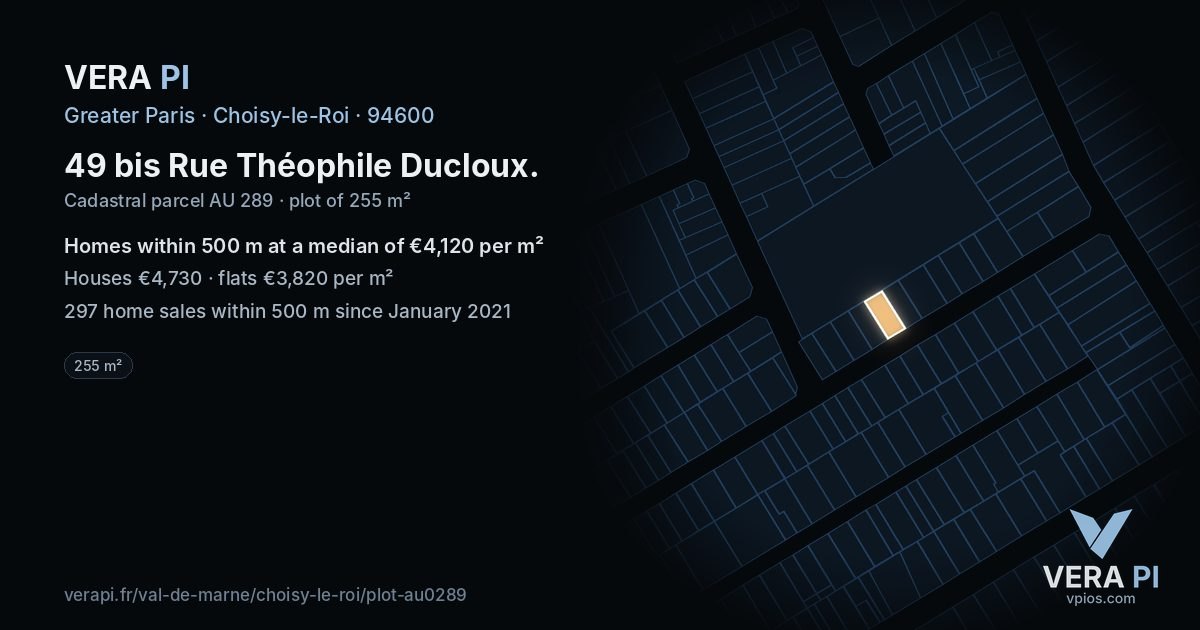 49 bis Rue Théophile Ducloux, Choisy-le-Roi at night – the plot lit, the parcels around coloured by the prices near them