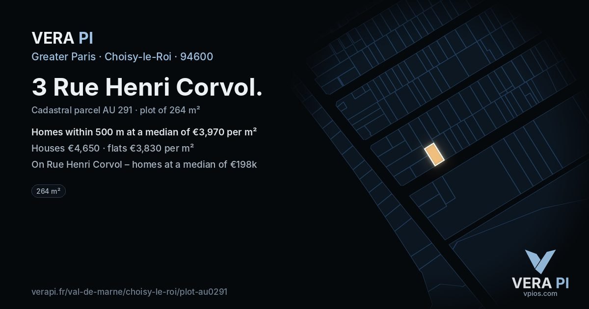 3 Rue Henri Corvol, Choisy-le-Roi at night – the plot lit, the parcels around coloured by the prices near them