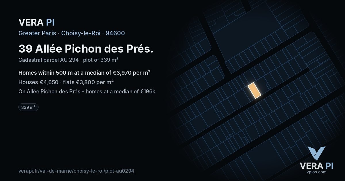 39 Allée Pichon des Prés, Choisy-le-Roi at night – the plot lit, the parcels around coloured by the prices near them