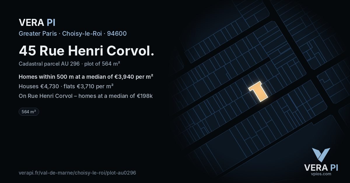 45 Rue Henri Corvol, Choisy-le-Roi at night – the plot lit, the parcels around coloured by the prices near them