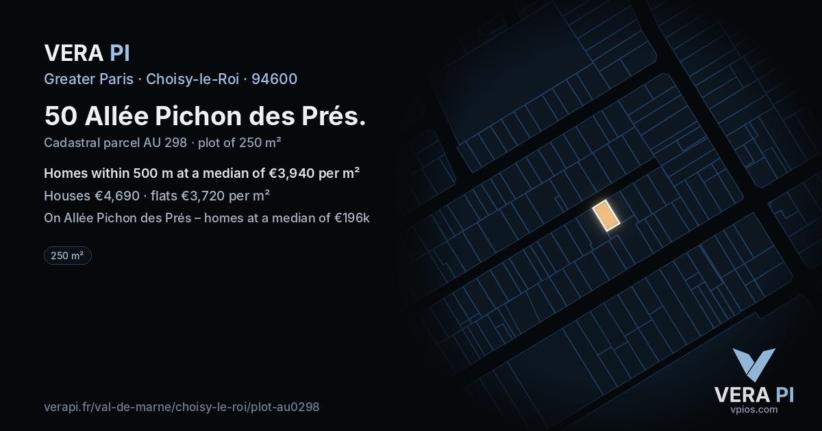50 Allée Pichon des Prés, Choisy-le-Roi at night – the plot lit, the parcels around coloured by the prices near them