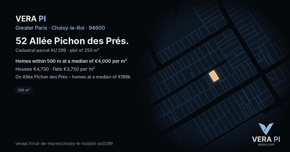 52 Allée Pichon des Prés, Choisy-le-Roi at night – the plot lit, the parcels around coloured by the prices near them