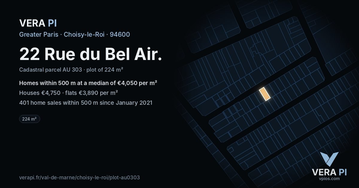 22 Rue du Bel Air, Choisy-le-Roi at night – the plot lit, the parcels around coloured by the prices near them