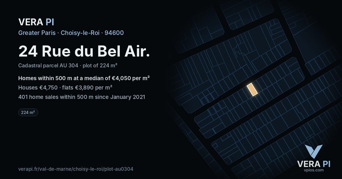 24 Rue du Bel Air, Choisy-le-Roi at night – the plot lit, the parcels around coloured by the prices near them