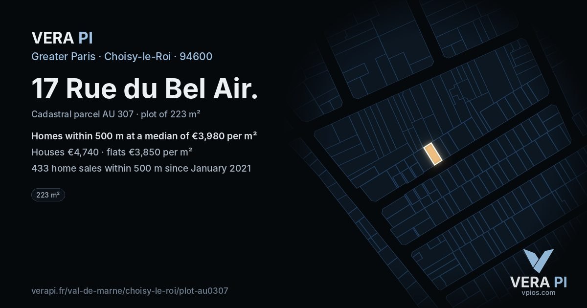 17 Rue du Bel Air, Choisy-le-Roi at night – the plot lit, the parcels around coloured by the prices near them
