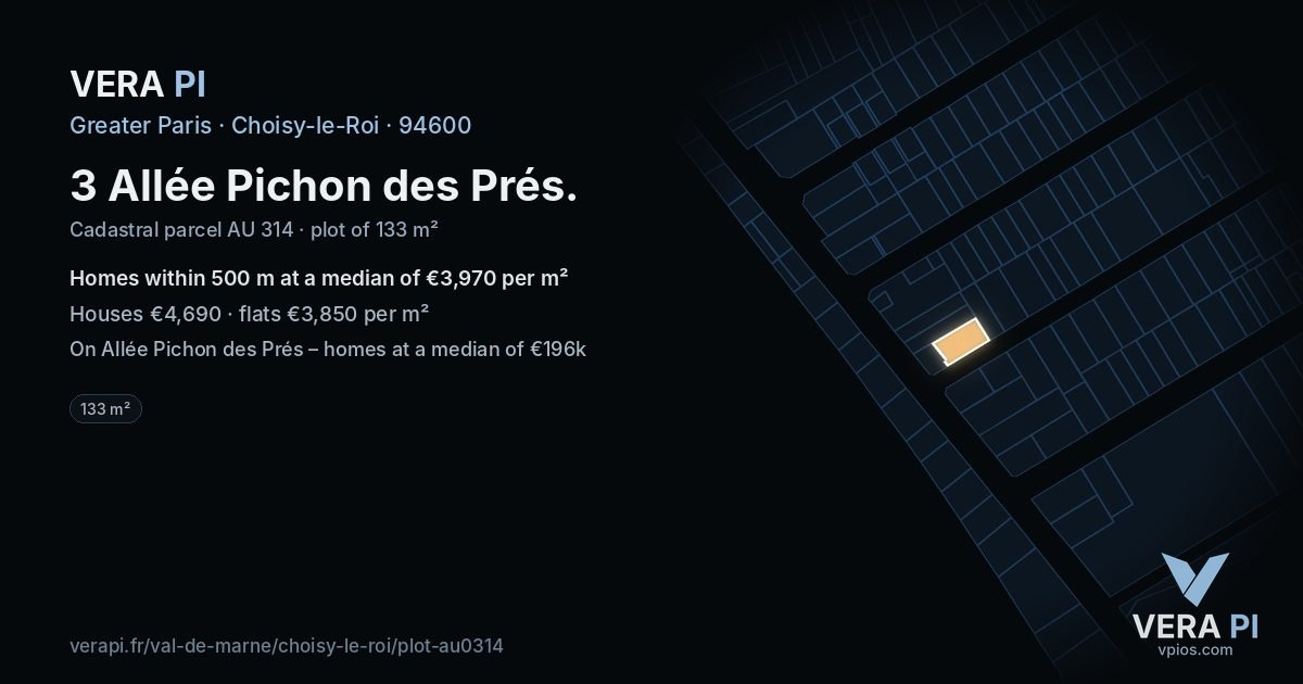 3 Allée Pichon des Prés, Choisy-le-Roi at night – the plot lit, the parcels around coloured by the prices near them