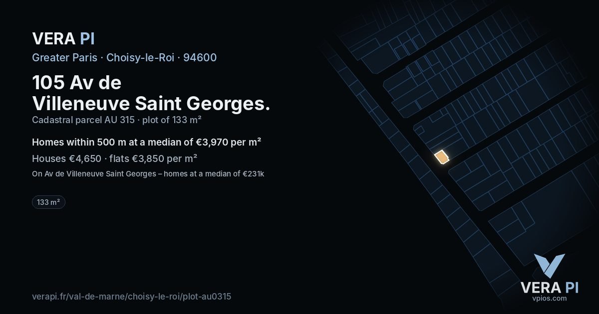 105 Av de Villeneuve Saint Georges, Choisy-le-Roi at night – the plot lit, the parcels around coloured by the prices near them