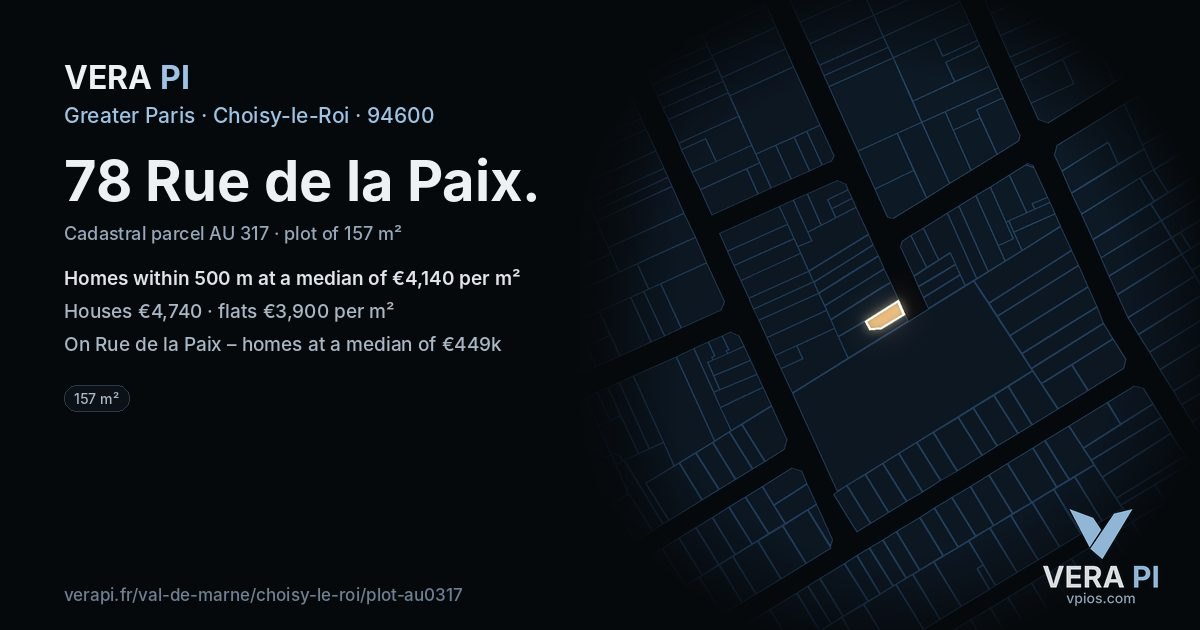 78 Rue de la Paix, Choisy-le-Roi at night – the plot lit, the parcels around coloured by the prices near them
