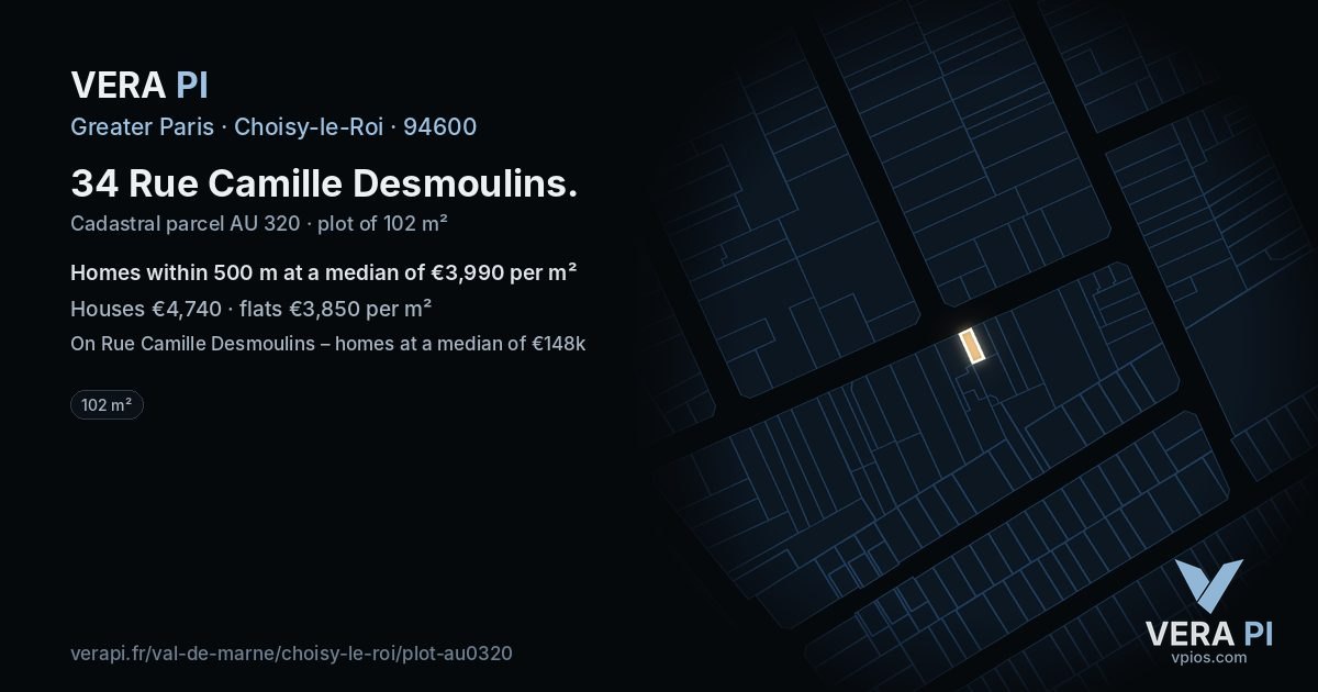 34 Rue Camille Desmoulins, Choisy-le-Roi at night – the plot lit, the parcels around coloured by the prices near them