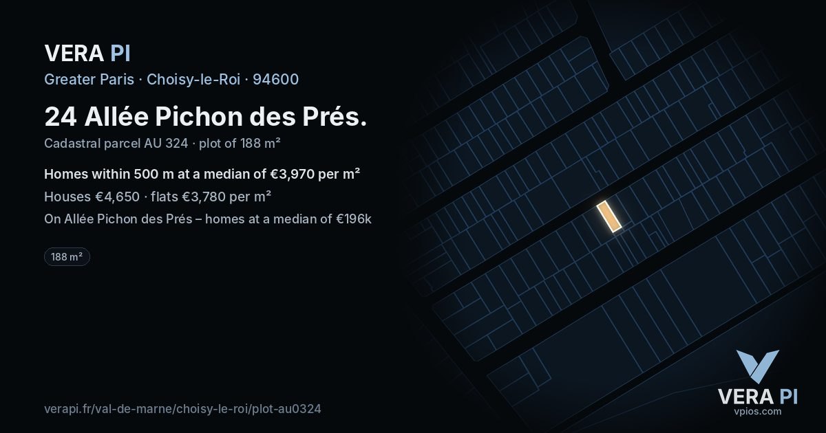 24 Allée Pichon des Prés, Choisy-le-Roi at night – the plot lit, the parcels around coloured by the prices near them