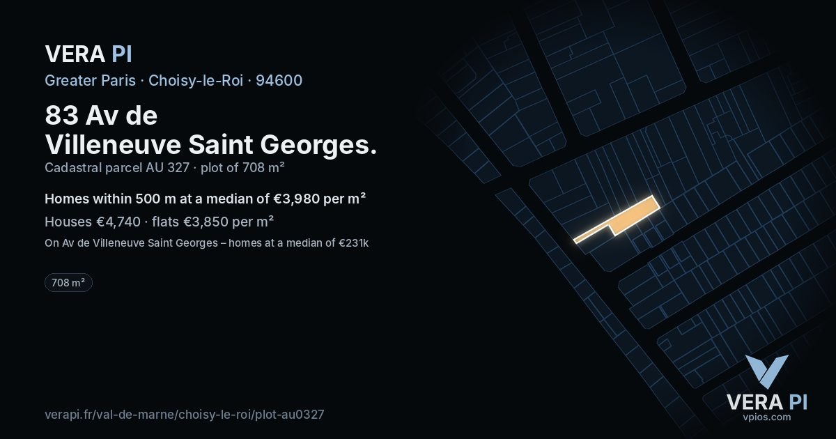 83 Av de Villeneuve Saint Georges, Choisy-le-Roi at night – the plot lit, the parcels around coloured by the prices near them