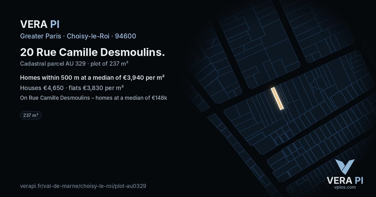 20 Rue Camille Desmoulins, Choisy-le-Roi at night – the plot lit, the parcels around coloured by the prices near them