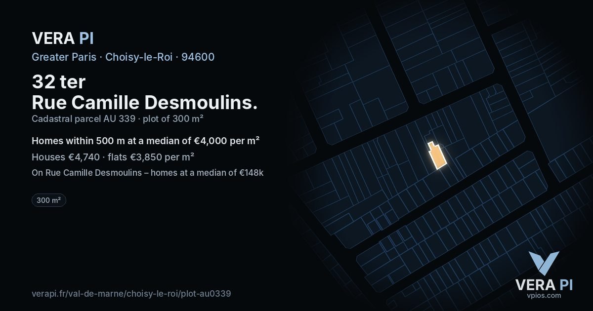 32 ter Rue Camille Desmoulins, Choisy-le-Roi at night – the plot lit, the parcels around coloured by the prices near them
