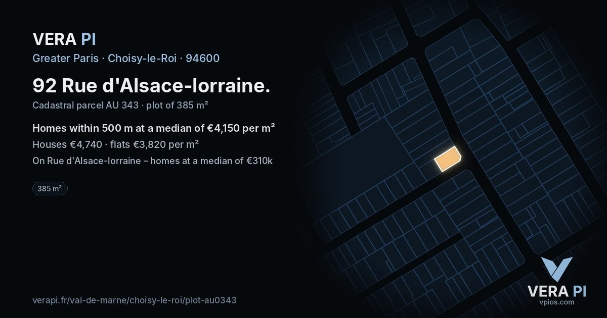92 Rue d'Alsace-lorraine, Choisy-le-Roi at night – the plot lit, the parcels around coloured by the prices near them