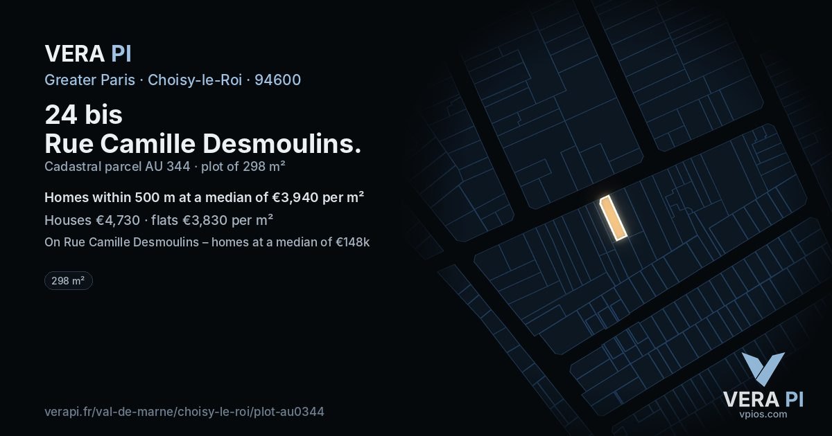 24 bis Rue Camille Desmoulins, Choisy-le-Roi at night – the plot lit, the parcels around coloured by the prices near them