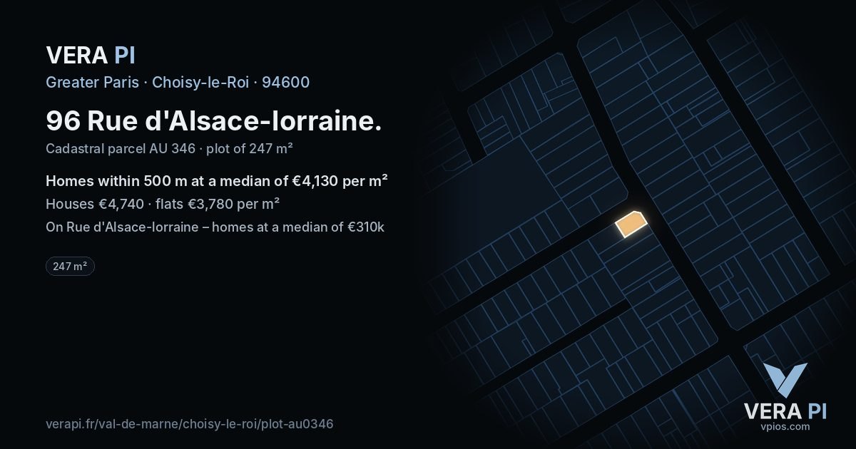96 Rue d'Alsace-lorraine, Choisy-le-Roi at night – the plot lit, the parcels around coloured by the prices near them