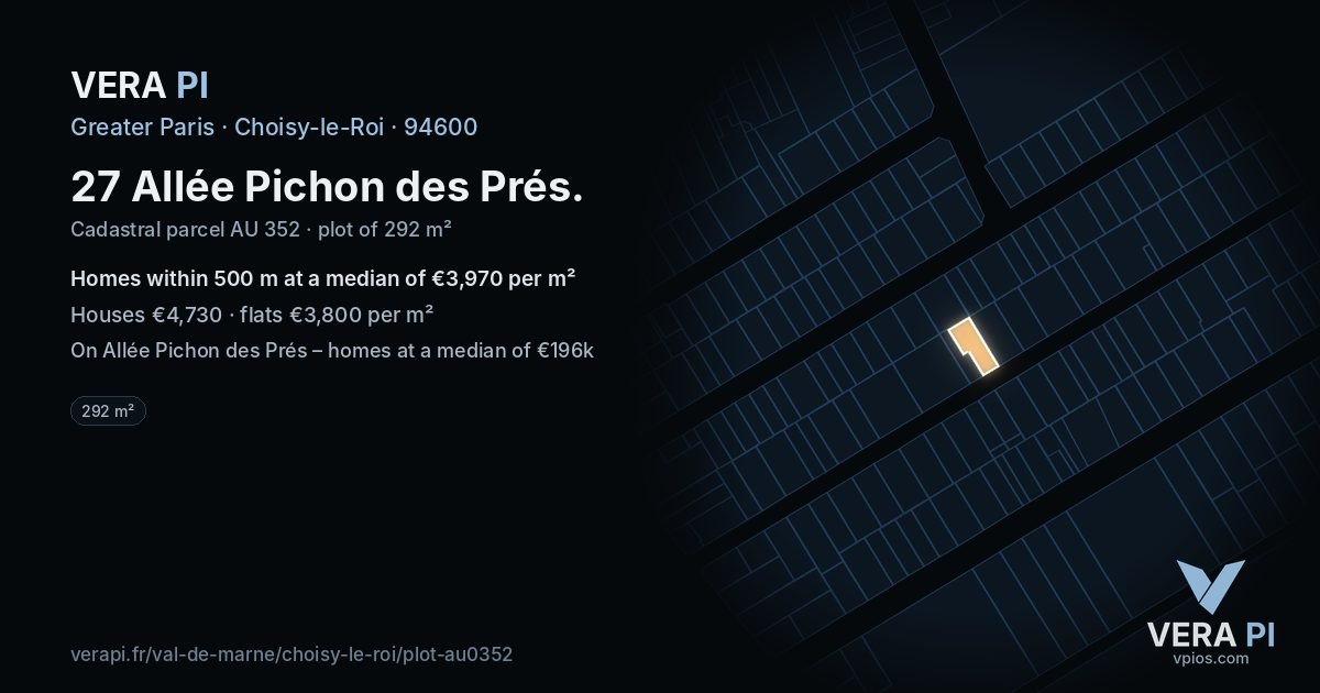 27 Allée Pichon des Prés, Choisy-le-Roi at night – the plot lit, the parcels around coloured by the prices near them