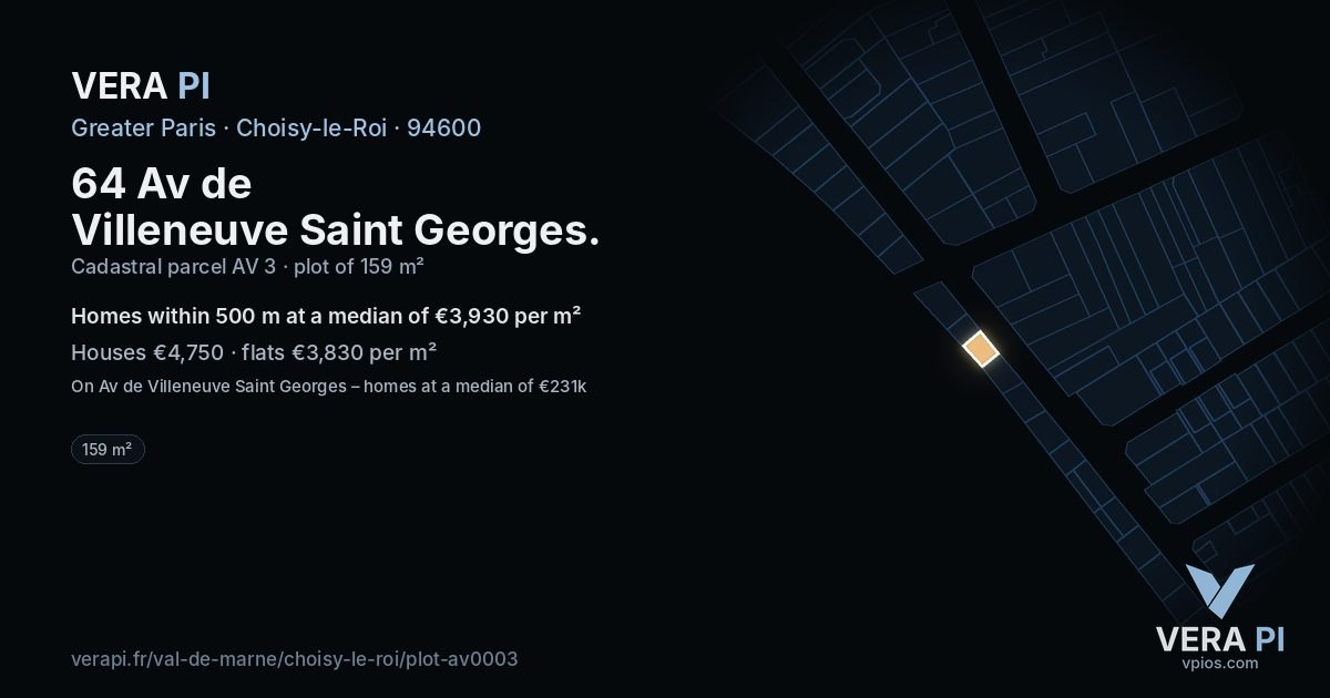64 Av de Villeneuve Saint Georges, Choisy-le-Roi at night – the plot lit, the parcels around coloured by the prices near them